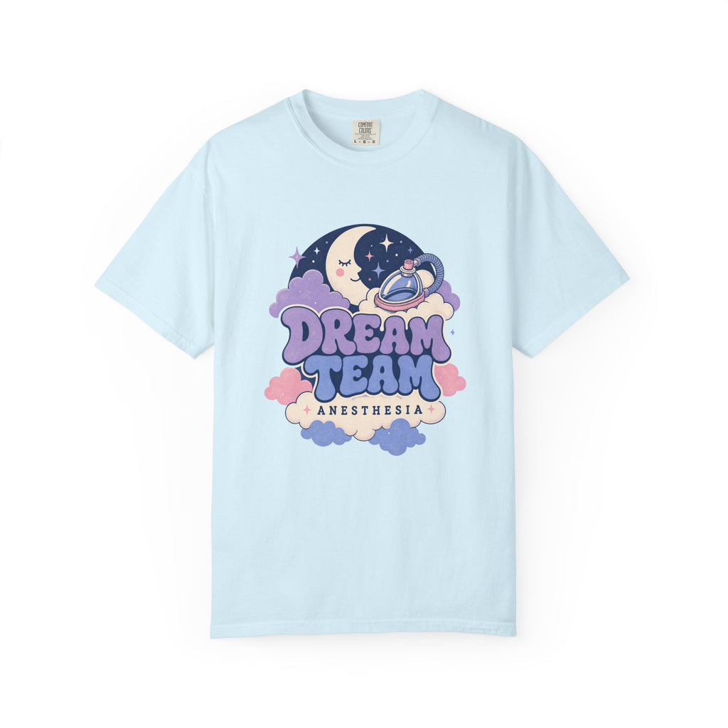 Dream Team Anesthesia moon, clouds and anesthesia mask Comfort Colors 1717 tee in Chambray