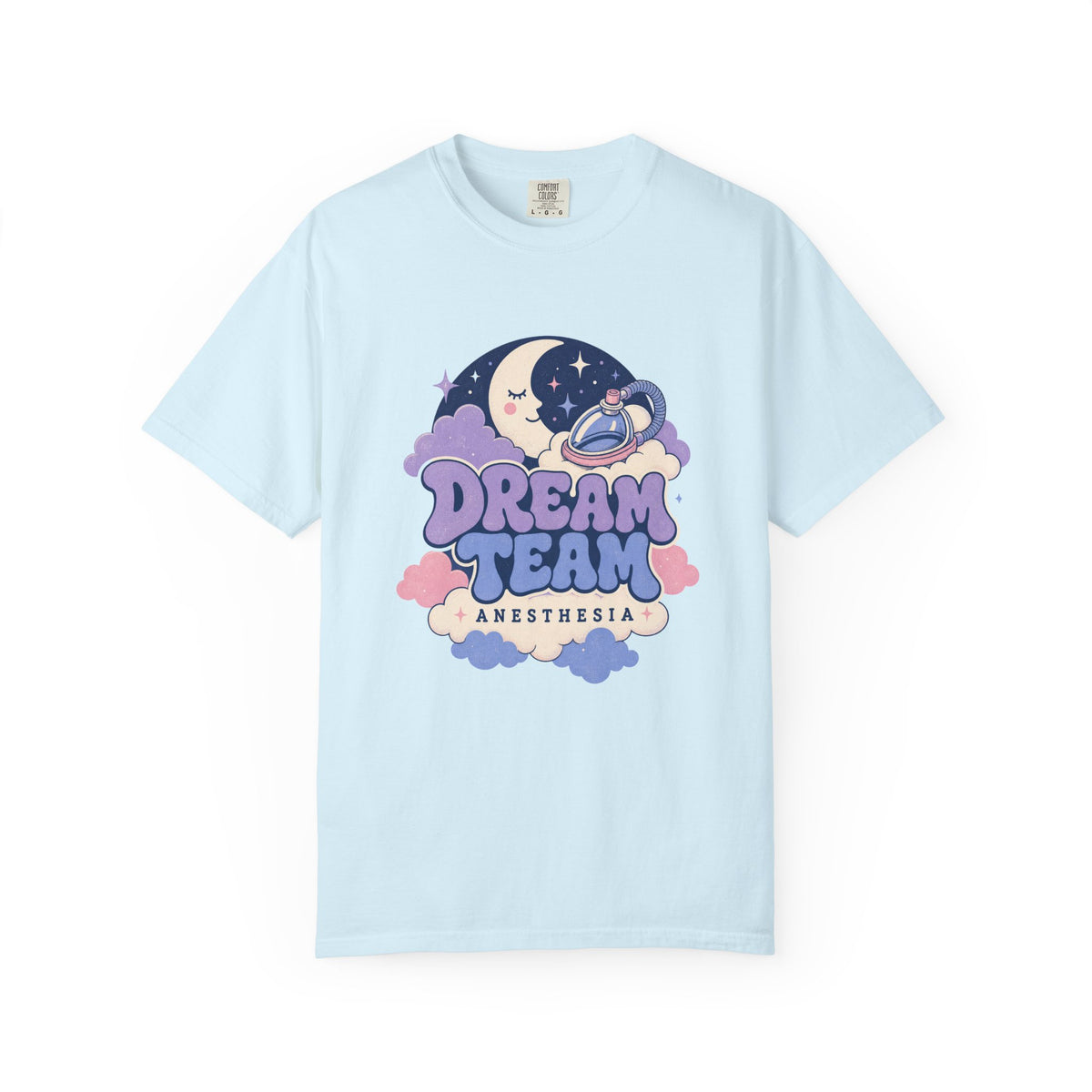Dream Team Anesthesia moon, clouds and anesthesia mask Comfort Colors 1717 tee in Chambray