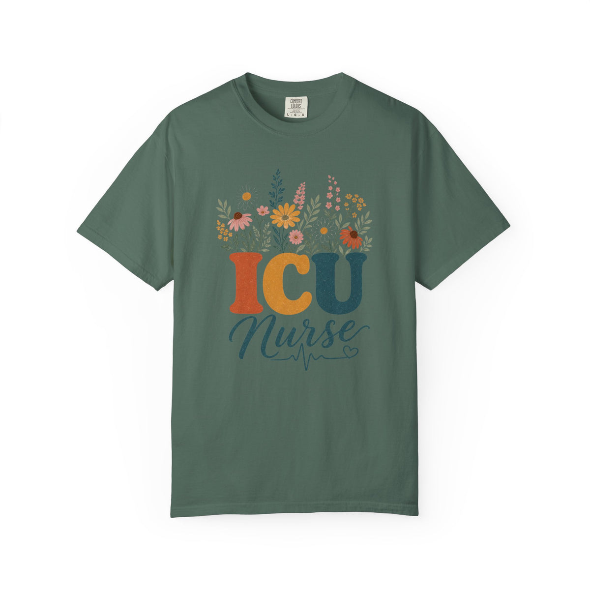 Wildflower ICU Nurse Comfort Colors 1717 tee in Blue Spruce