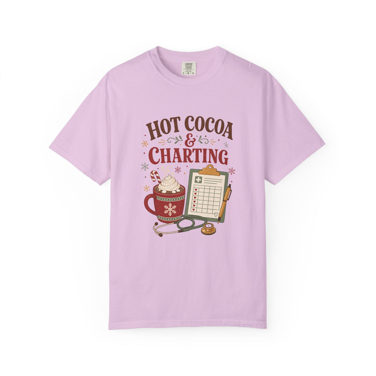 Hot Cocoa and Charting printed Comfort Colors 1717 Christmas tee in Orchid