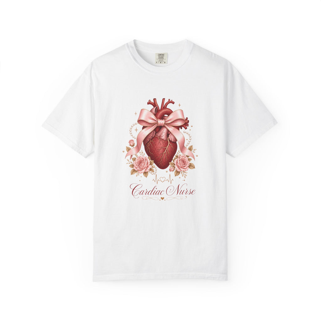 Cardiac Nurse anatomical heart, pink bow and roses Comfort Colors 1717 tee in White