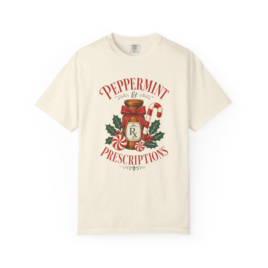 Peppermint and Prescriptions Rx bottle Christmas Comfort Colors 1717 tee in Ivory