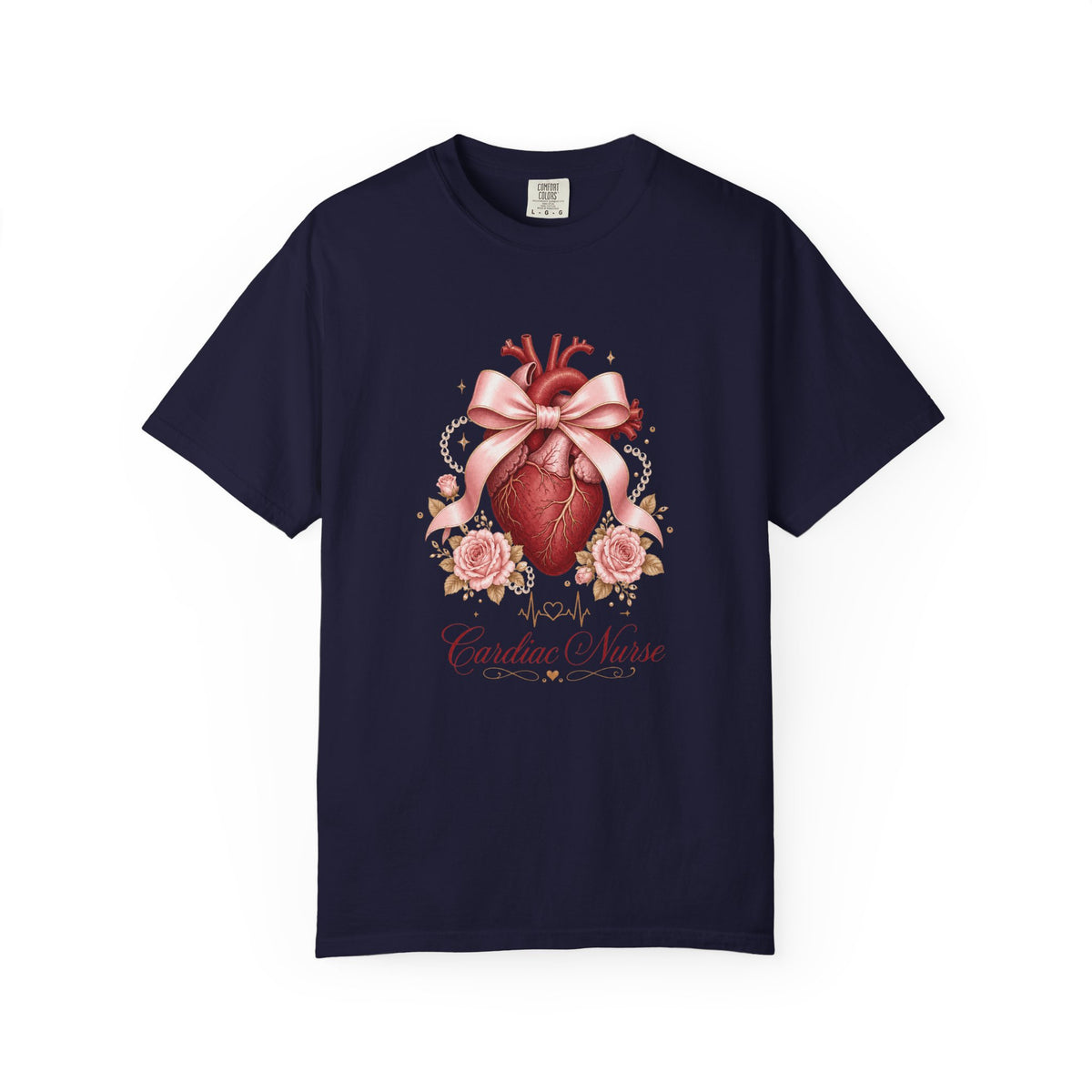 Cardiac Nurse anatomical heart, pink bow and roses Comfort Colors 1717 tee in True Navy