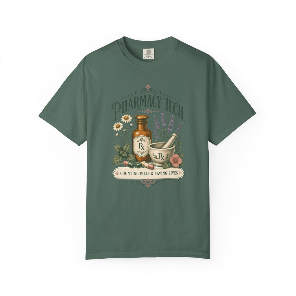 Pharmacy Tech Counting Pills and Saving Lives botanical Comfort Colors 1717 tee in Blue Spruce