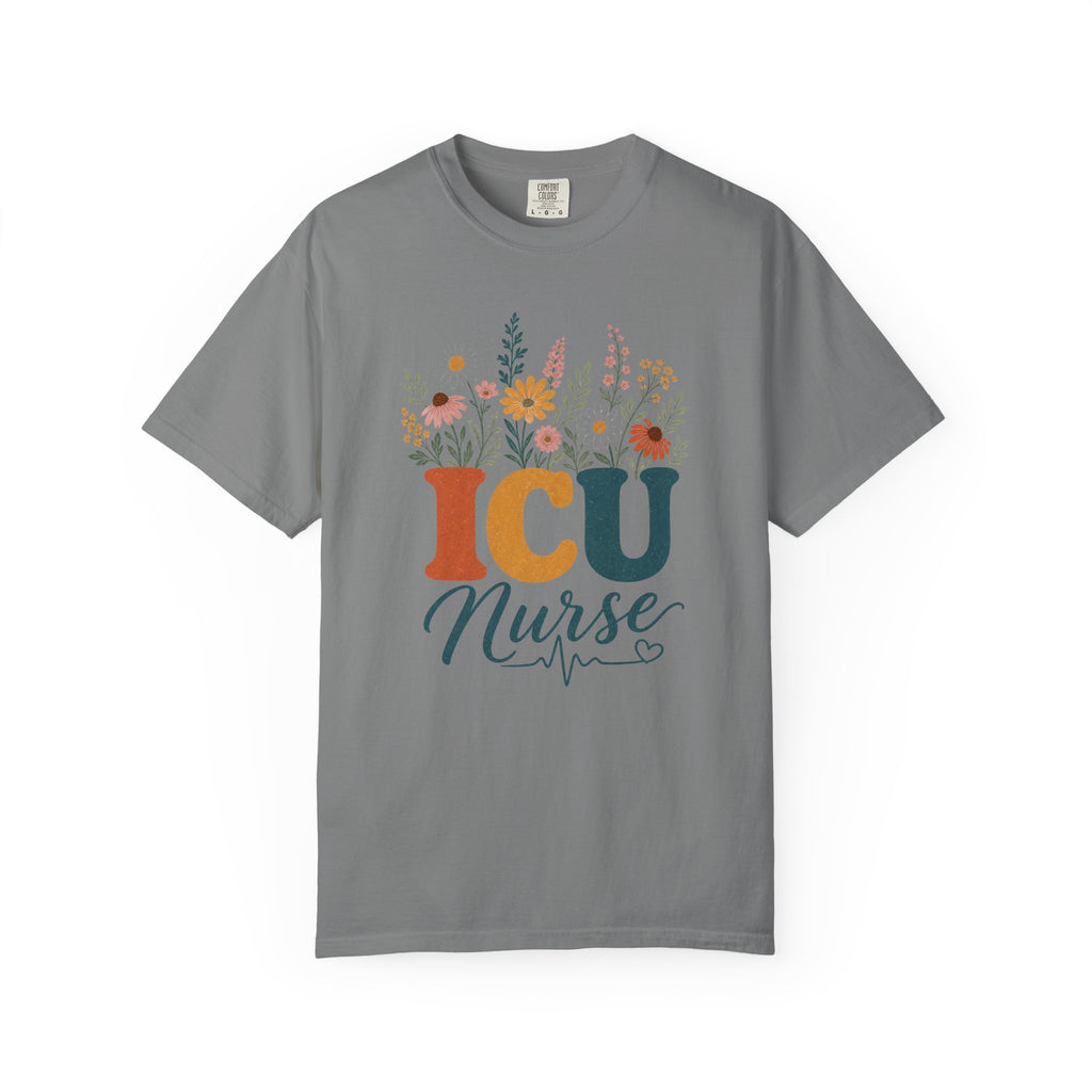 Wildflower ICU Nurse Comfort Colors 1717 tee in Grey