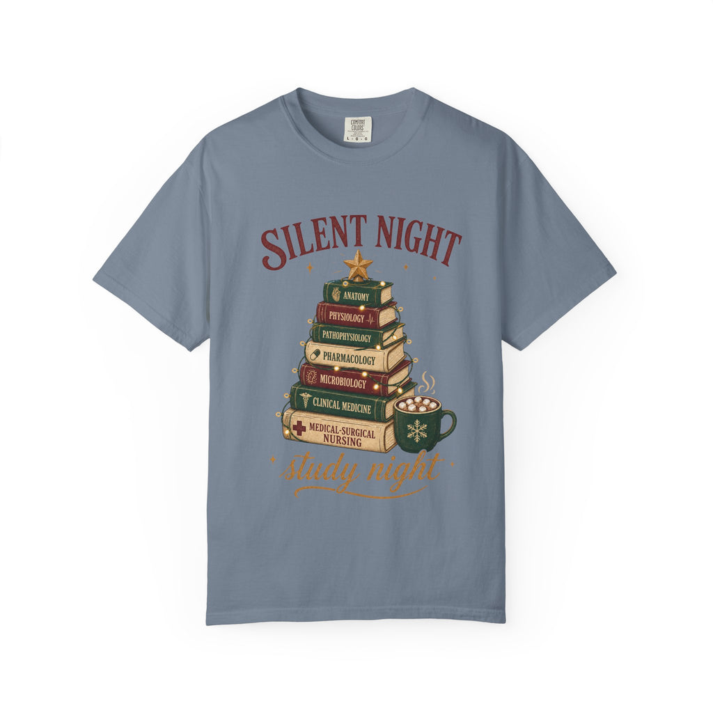 Silent Night Study Night medical textbook Christmas tree Comfort Colors 1717 tee in Blue Jean