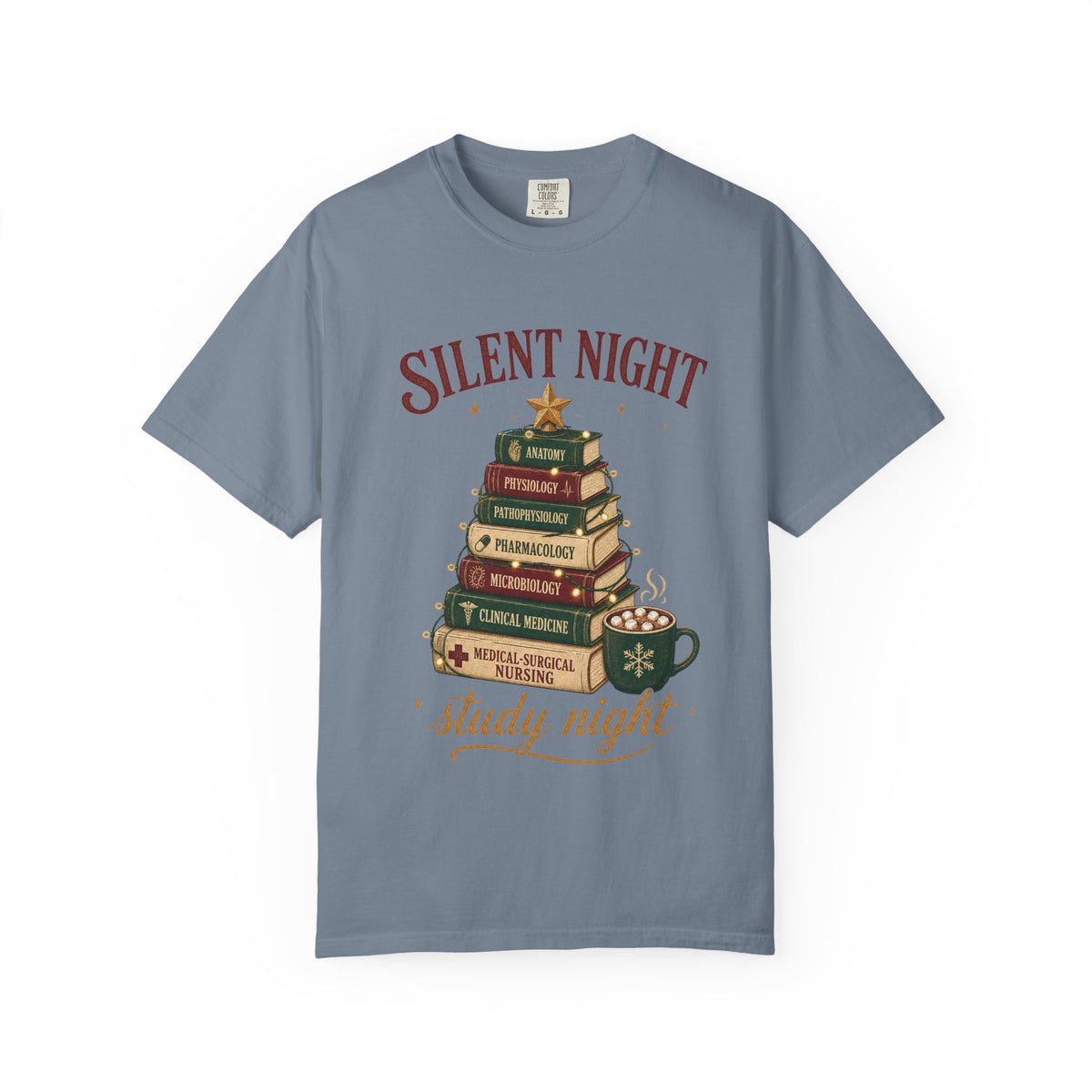 Silent Night Study Night medical textbook Christmas tree Comfort Colors 1717 tee in Blue Jean