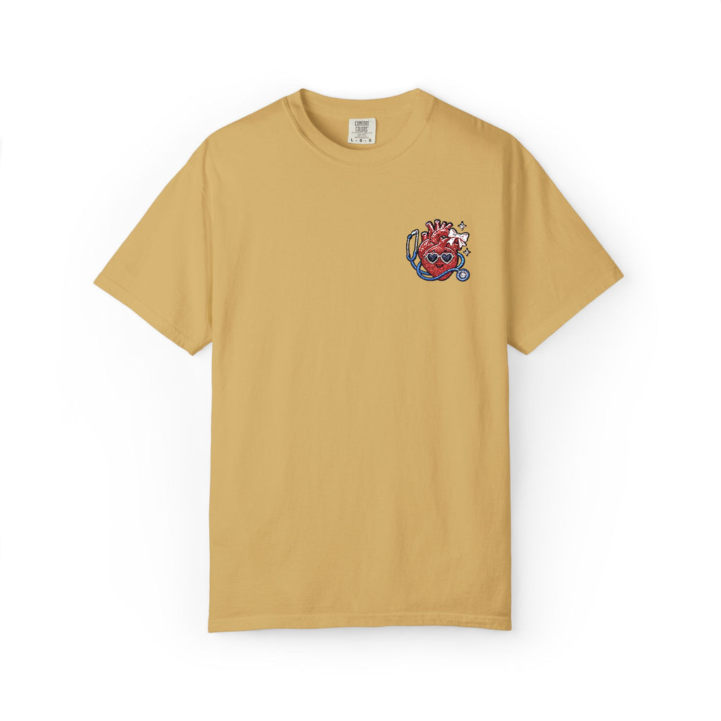 Cute Anatomical Heart Embroidered Shirt in Mustard