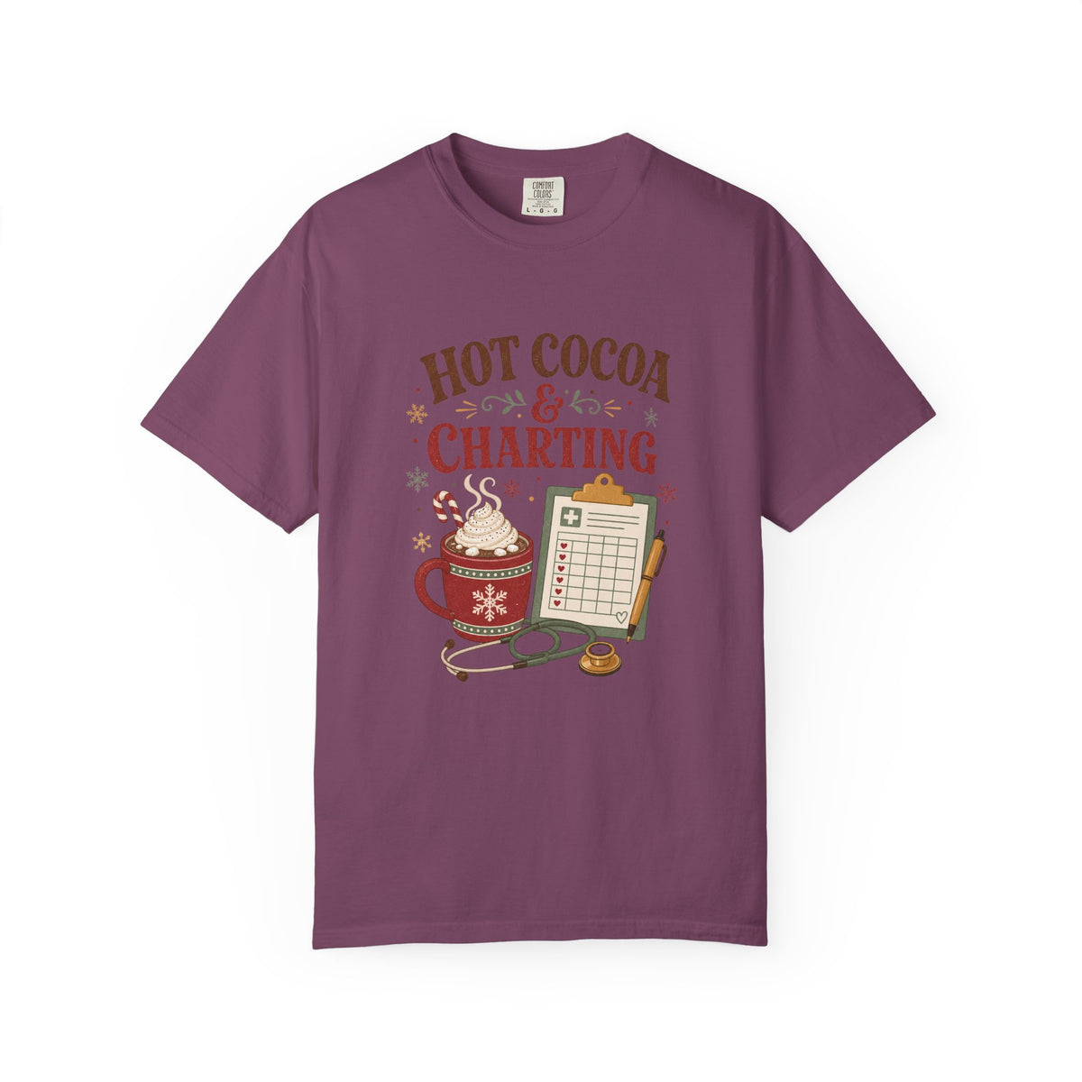 Hot Cocoa and Charting printed Comfort Colors 1717 Christmas tee in Berry