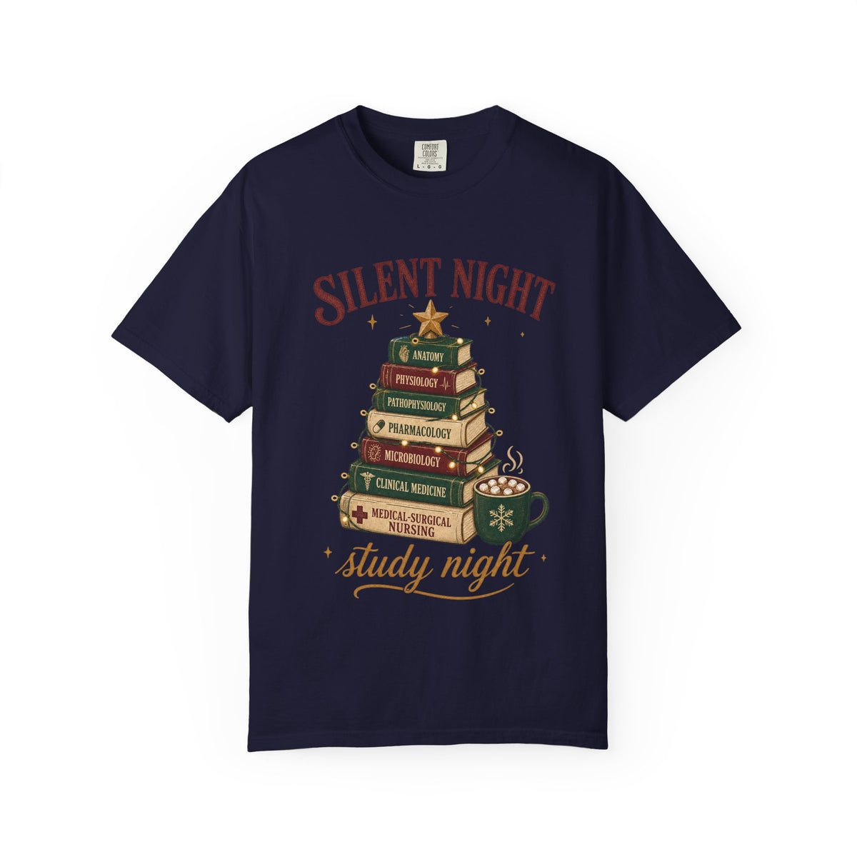 Silent Night Study Night medical textbook Christmas tree Comfort Colors 1717 tee in True Navy