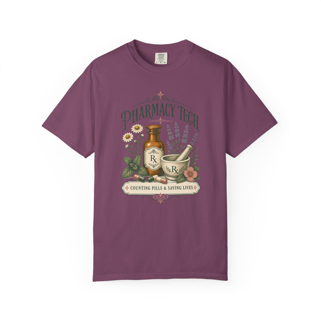 Pharmacy Tech Counting Pills and Saving Lives botanical Comfort Colors 1717 tee in Berry