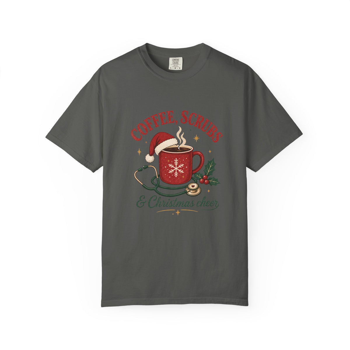 Coffee Scrubs and Christmas Cheer printed Comfort Colors 1717 tee in Pepper