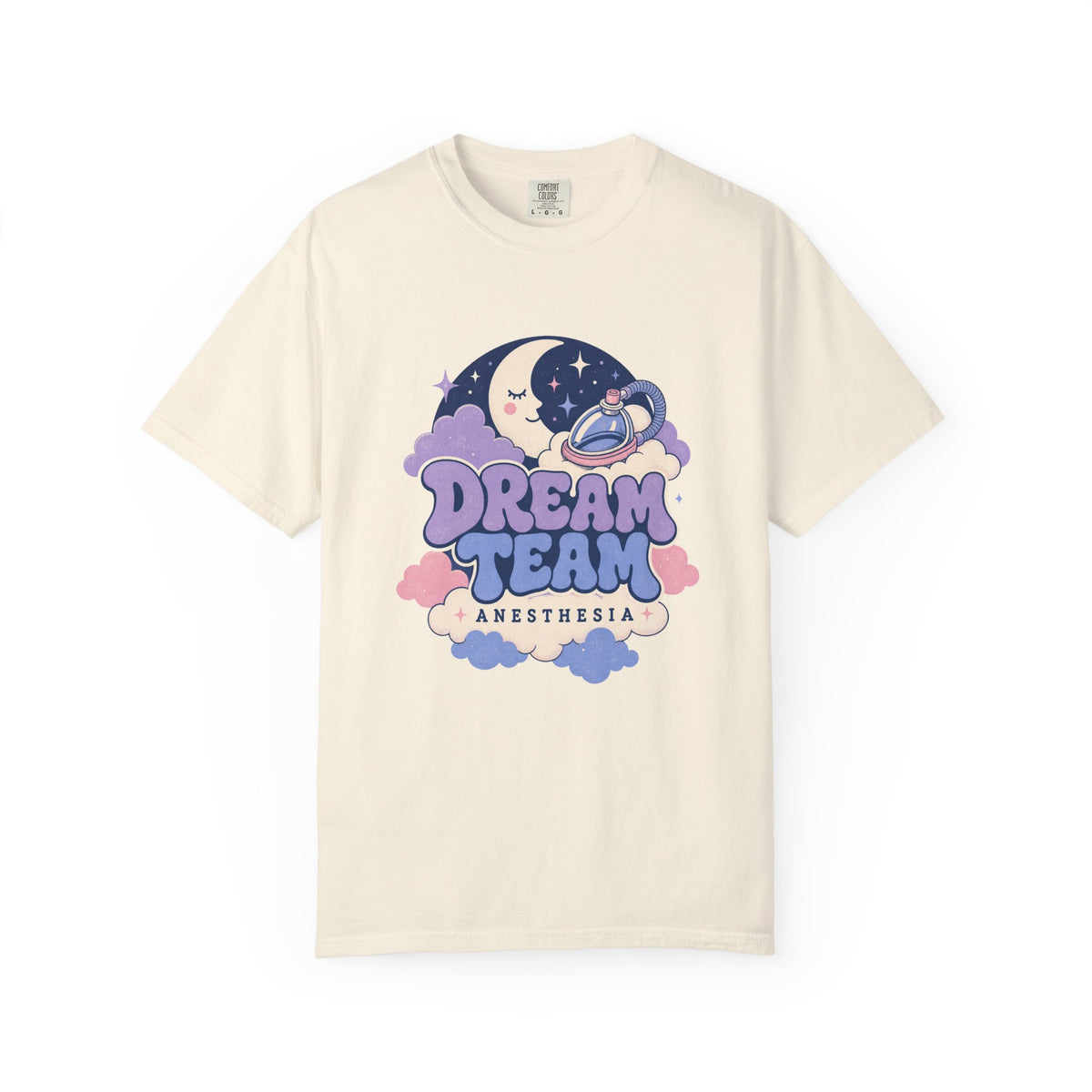 Dream Team Anesthesia moon, clouds and anesthesia mask Comfort Colors 1717 tee in Ivory