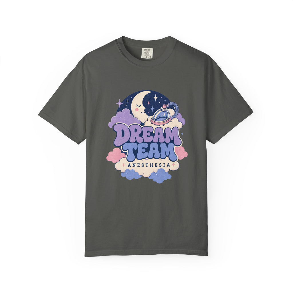 Dream Team Anesthesia moon, clouds and anesthesia mask Comfort Colors 1717 tee in Pepper