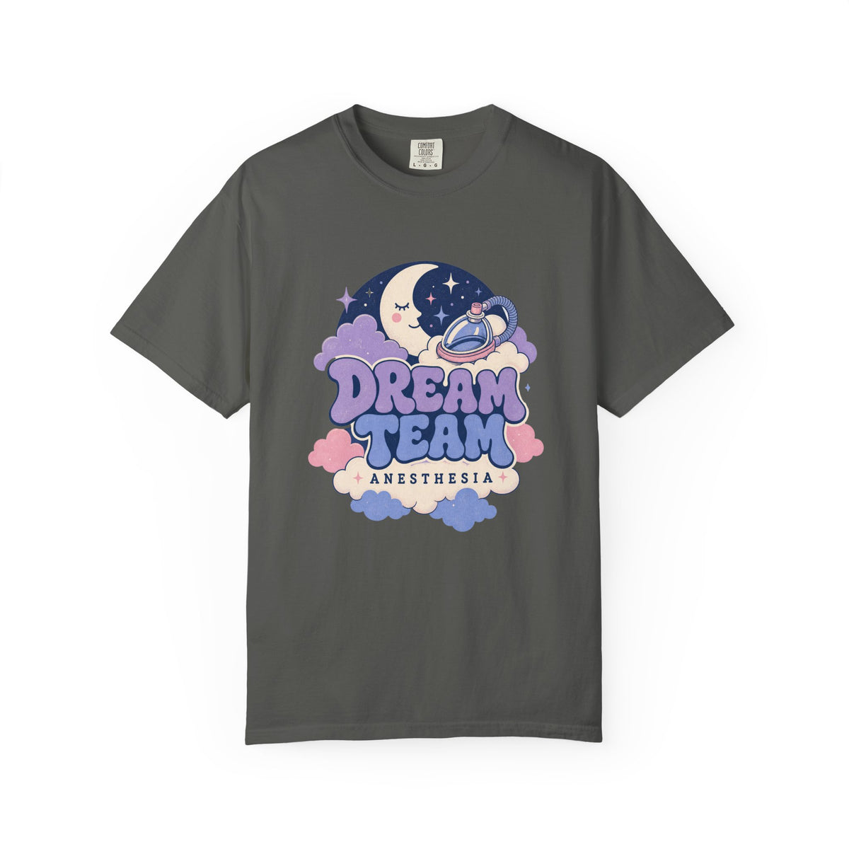 Dream Team Anesthesia moon, clouds and anesthesia mask Comfort Colors 1717 tee in Pepper