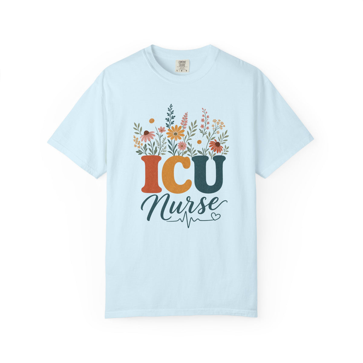Wildflower ICU Nurse Comfort Colors 1717 tee in Chambray
