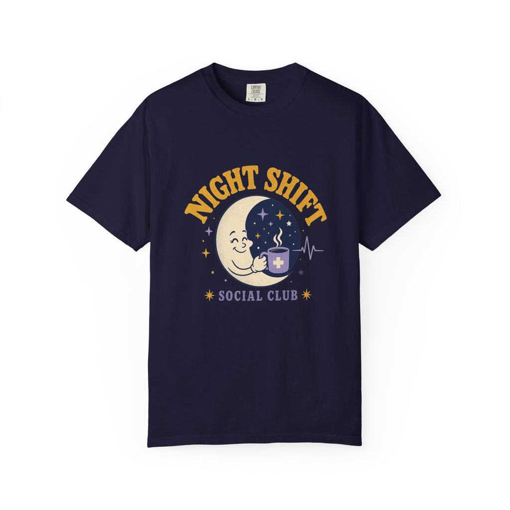 Night Shift Social Club moon and coffee Comfort Colors 1717 tee in True Navy