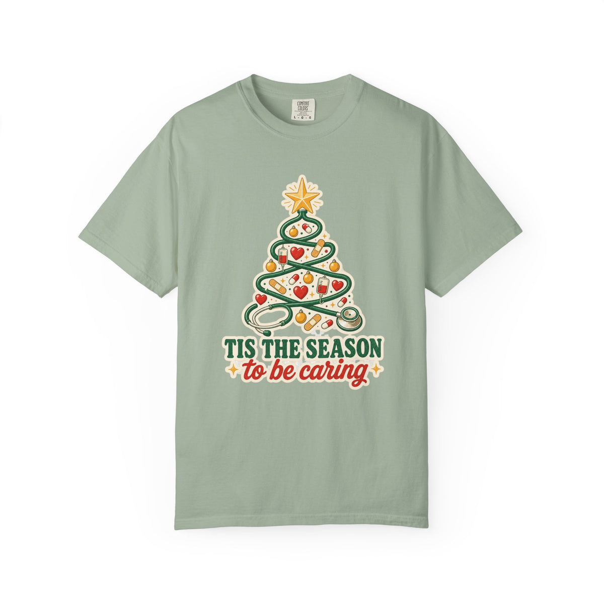 Tis the Season to Be Caring stethoscope Christmas tree Comfort Colors 1717 tee in Bay