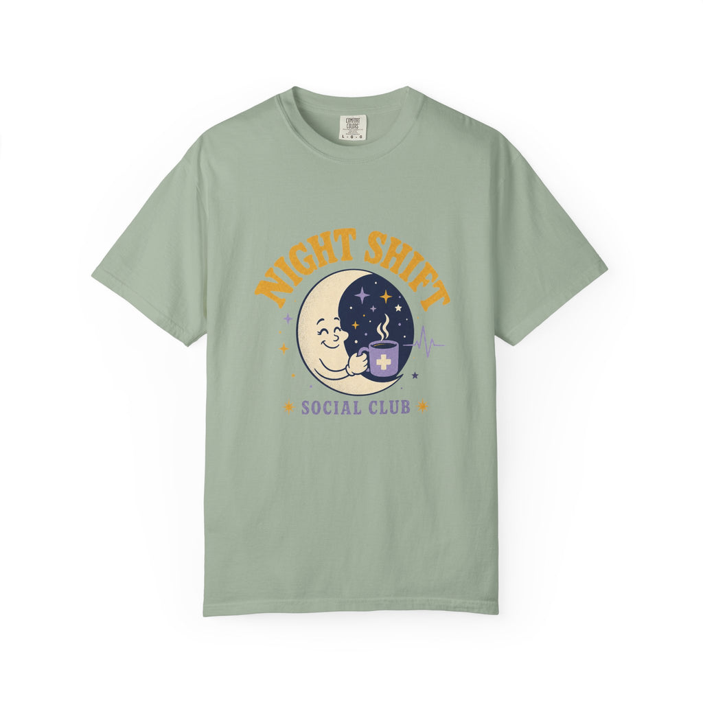 Night Shift Social Club moon and coffee Comfort Colors 1717 tee in Bay