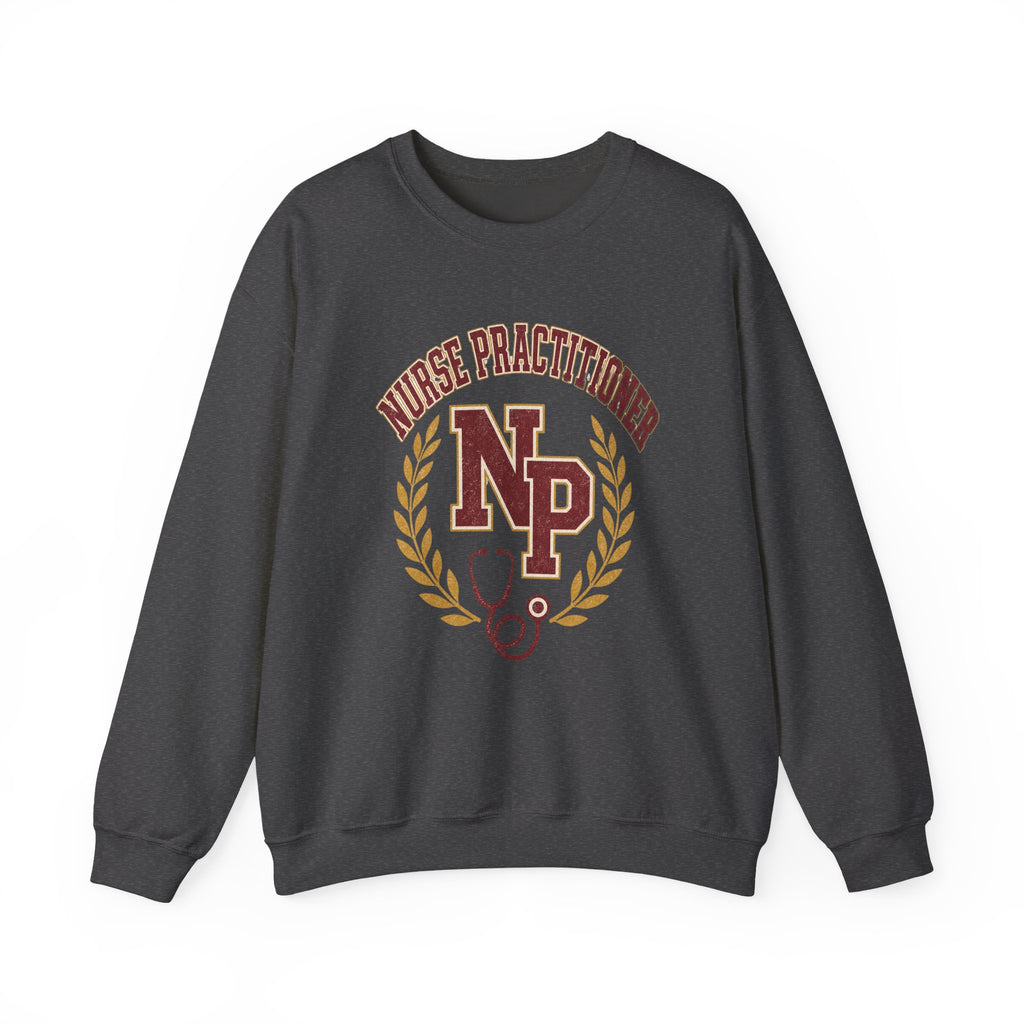 Dark Heather Nurse Practitioner NP Gildan 18000 sweatshirt, native front product view