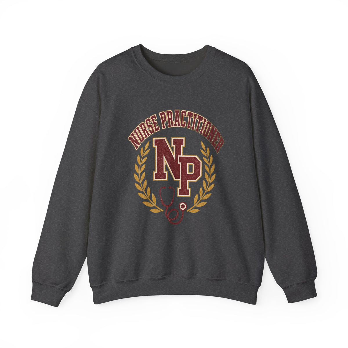 Dark Heather Nurse Practitioner NP Gildan 18000 sweatshirt, native front product view