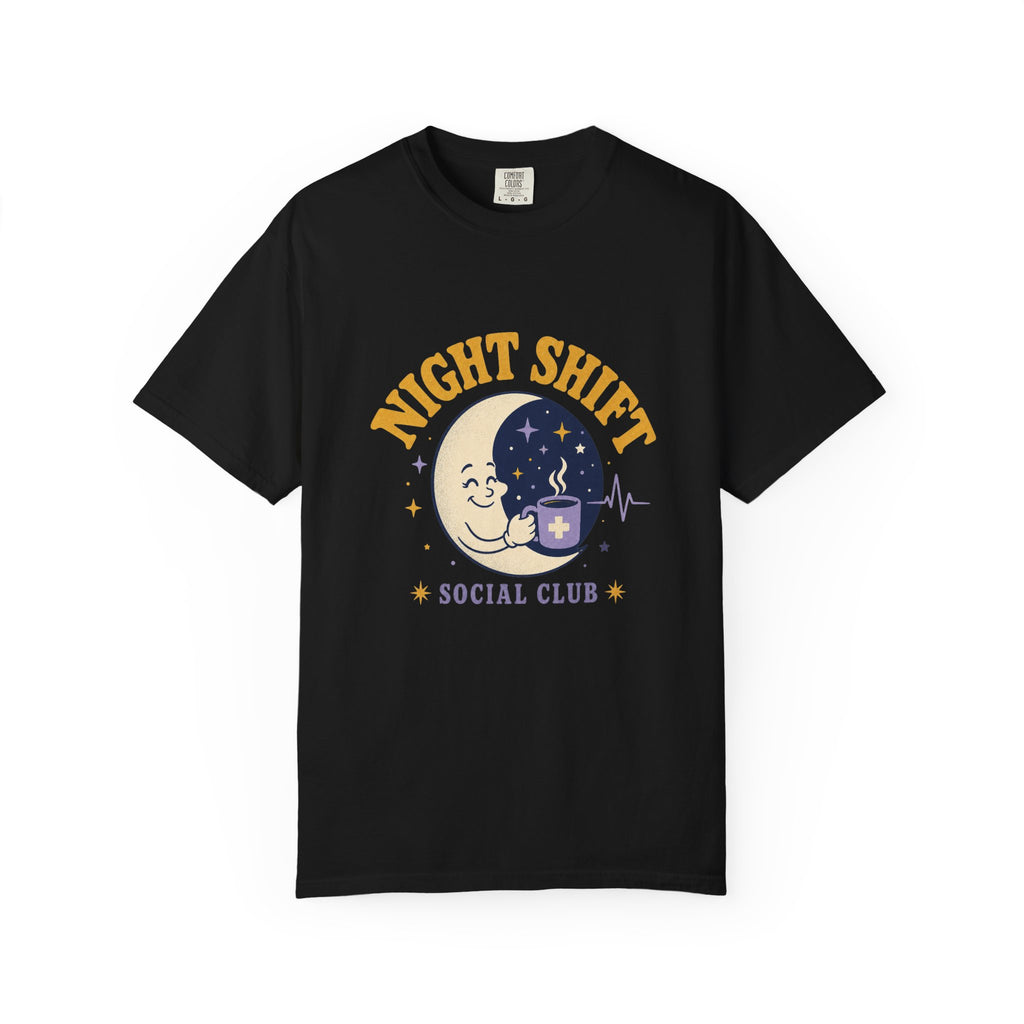 Night Shift Social Club moon and coffee Comfort Colors 1717 tee in Black