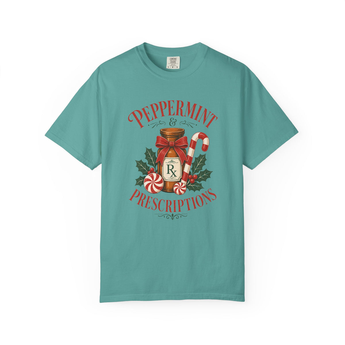 Peppermint and Prescriptions Rx bottle Christmas Comfort Colors 1717 tee in Seafoam
