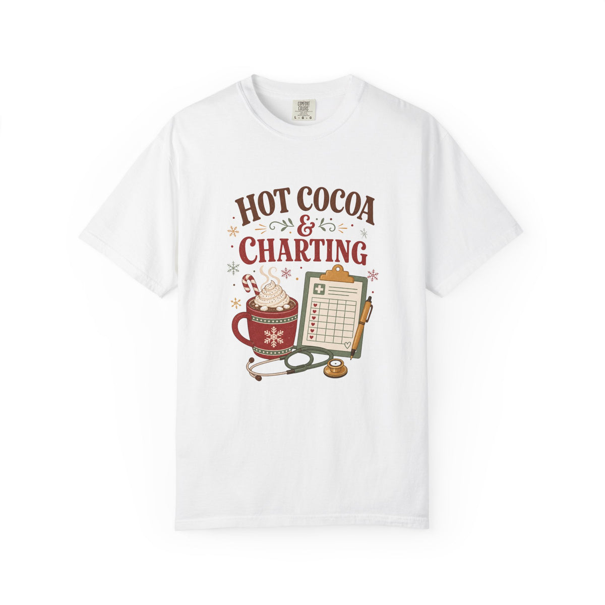 Hot Cocoa and Charting printed Comfort Colors 1717 Christmas tee in White