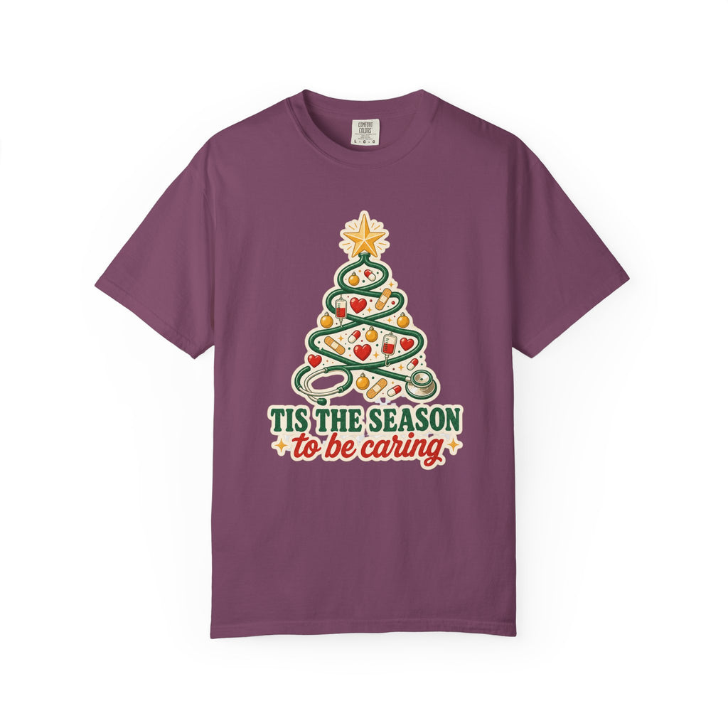 Tis the Season to Be Caring stethoscope Christmas tree Comfort Colors 1717 tee in Berry