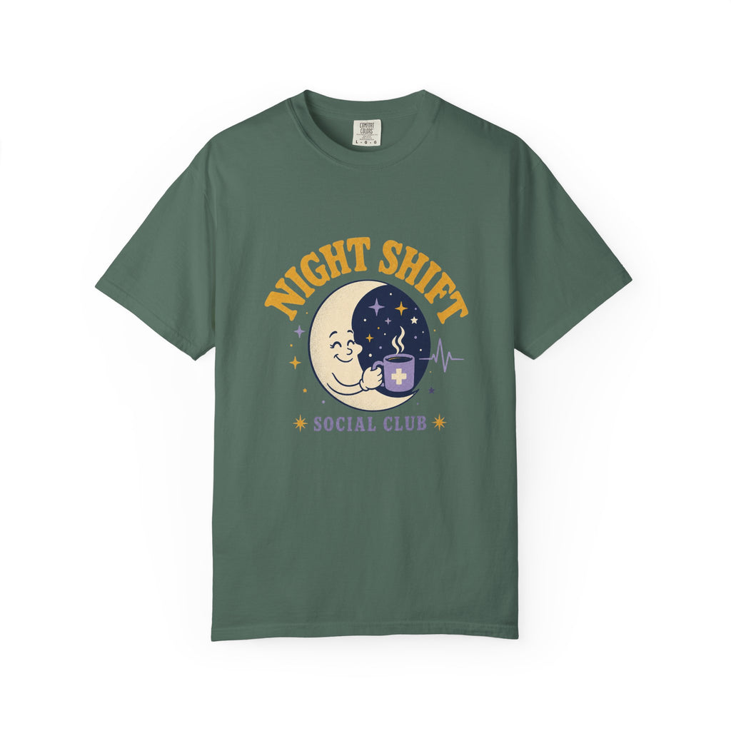 Night Shift Social Club moon and coffee Comfort Colors 1717 tee in Blue Spruce