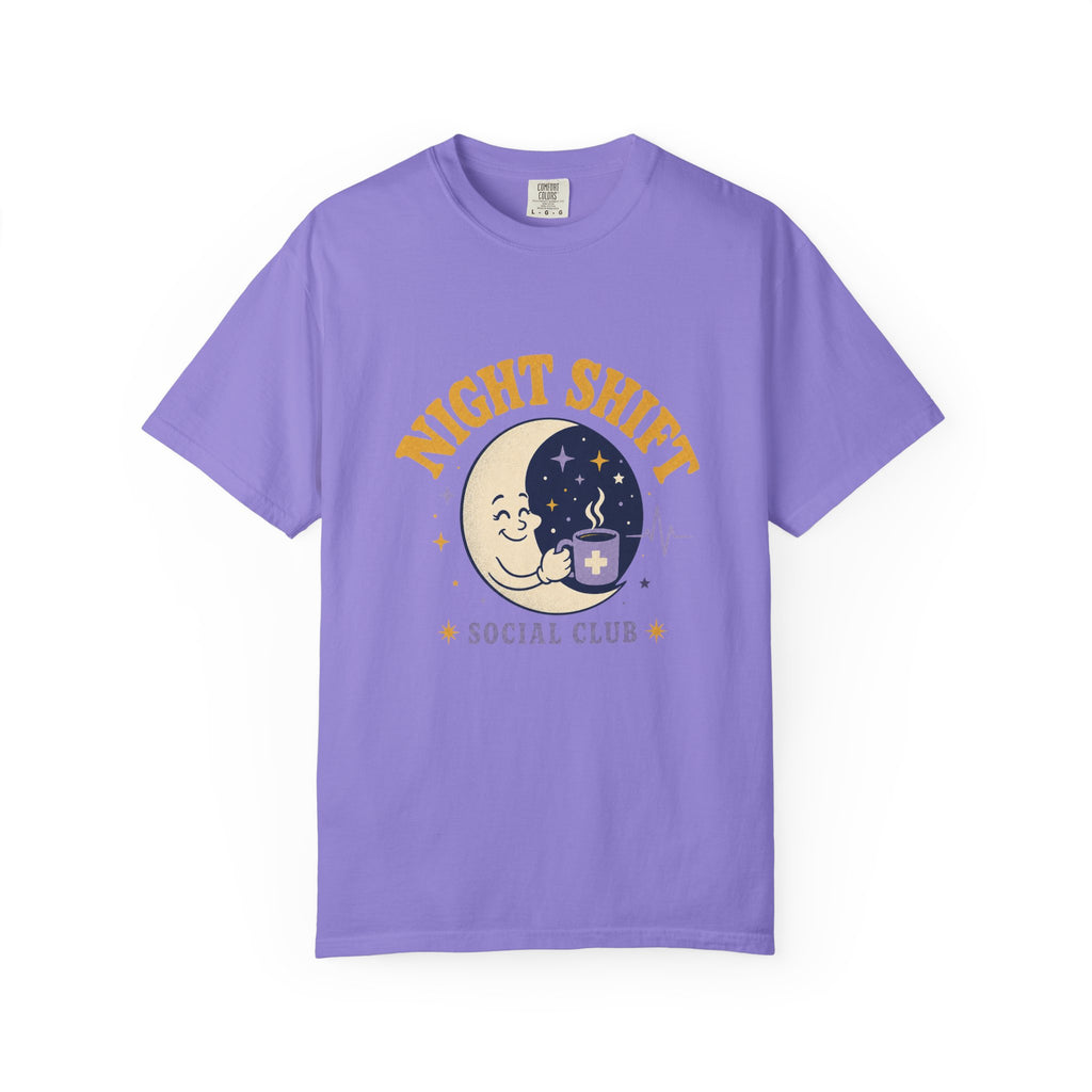 Night Shift Social Club moon and coffee Comfort Colors 1717 tee in Violet