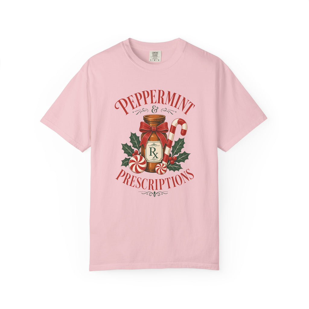 Peppermint and Prescriptions Rx bottle Christmas Comfort Colors 1717 tee in Blossom