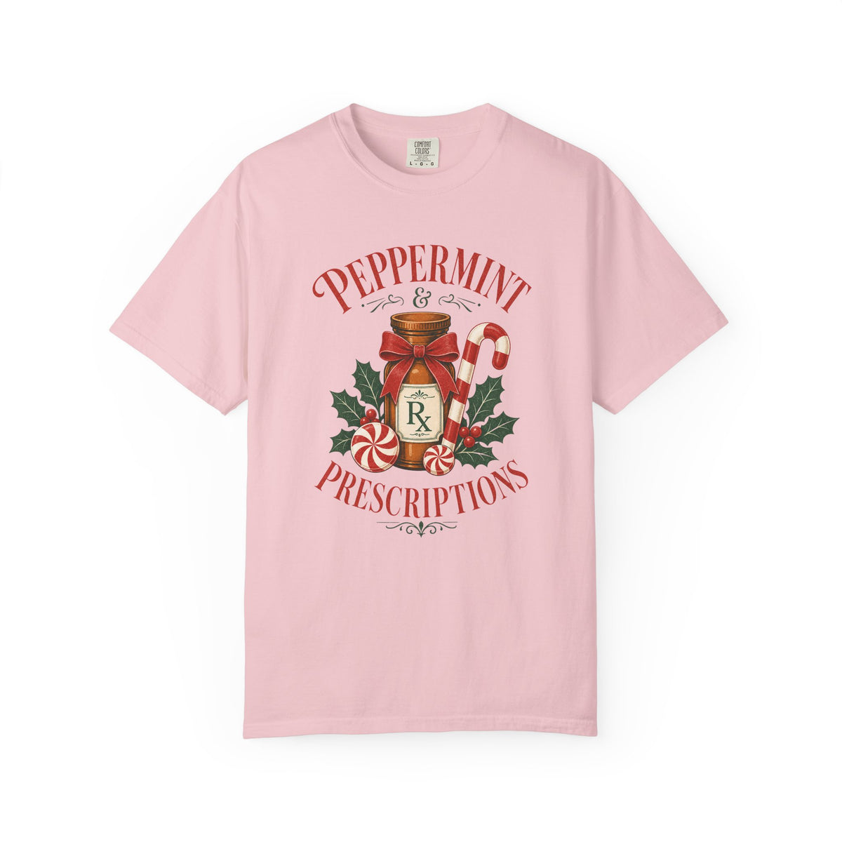 Peppermint and Prescriptions Rx bottle Christmas Comfort Colors 1717 tee in Blossom