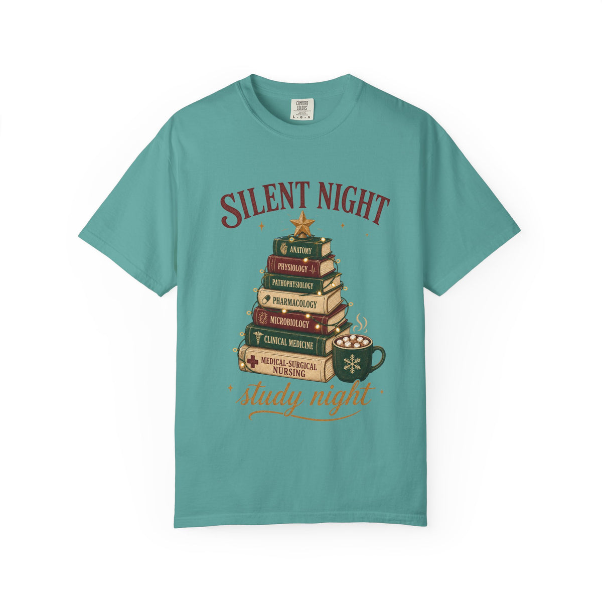 Silent Night Study Night medical textbook Christmas tree Comfort Colors 1717 tee in Seafoam