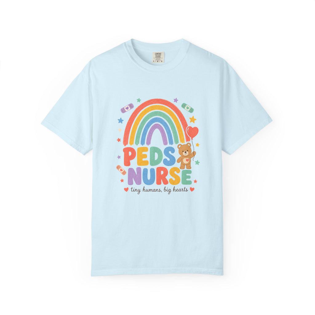 Peds Nurse Shirt, Tiny Humans Big Hearts Comfort Colors Tee in Chambray
