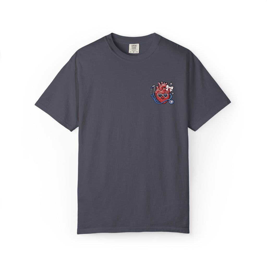 Cute Anatomical Heart Embroidered Shirt in Navy