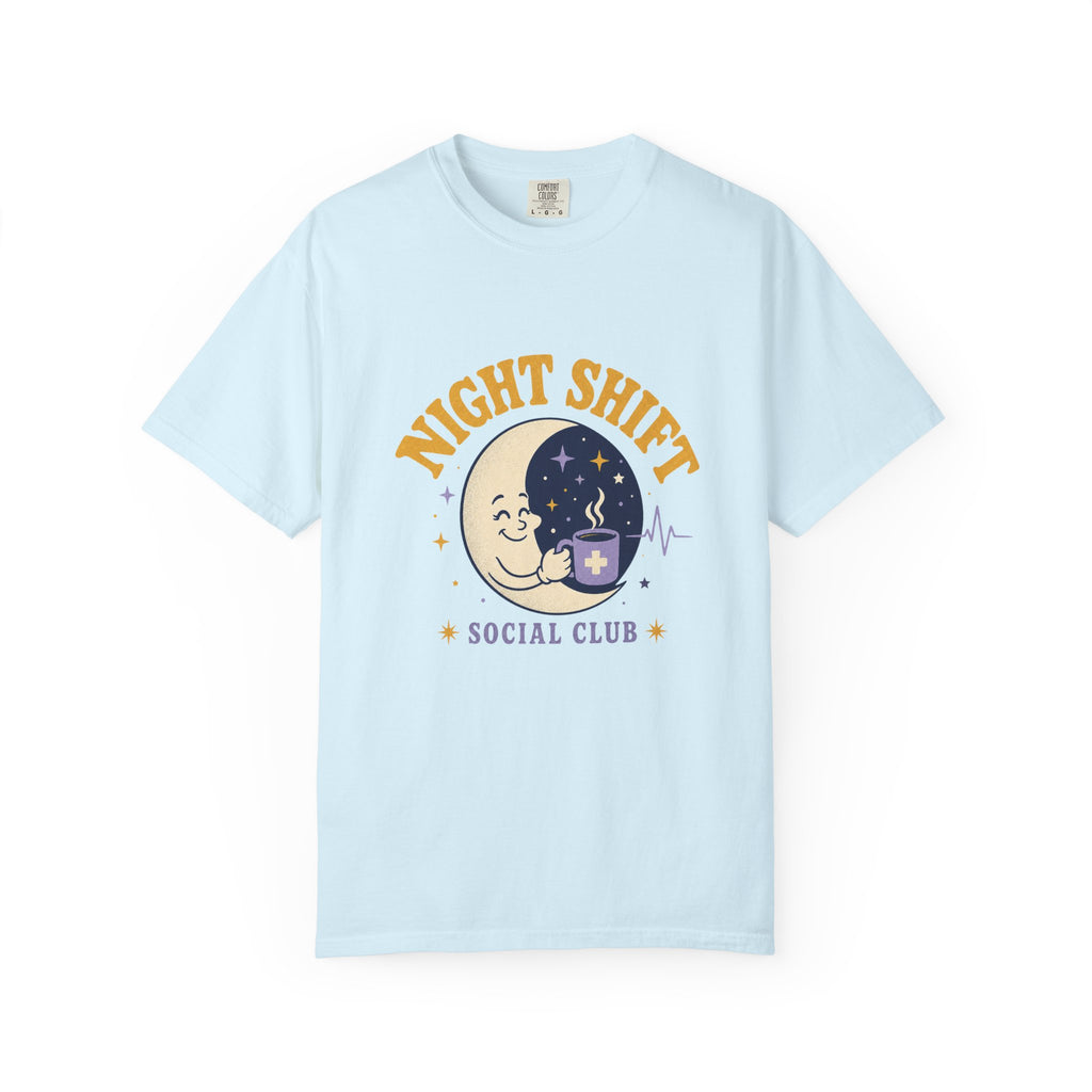 Night Shift Social Club moon and coffee Comfort Colors 1717 tee in Chambray