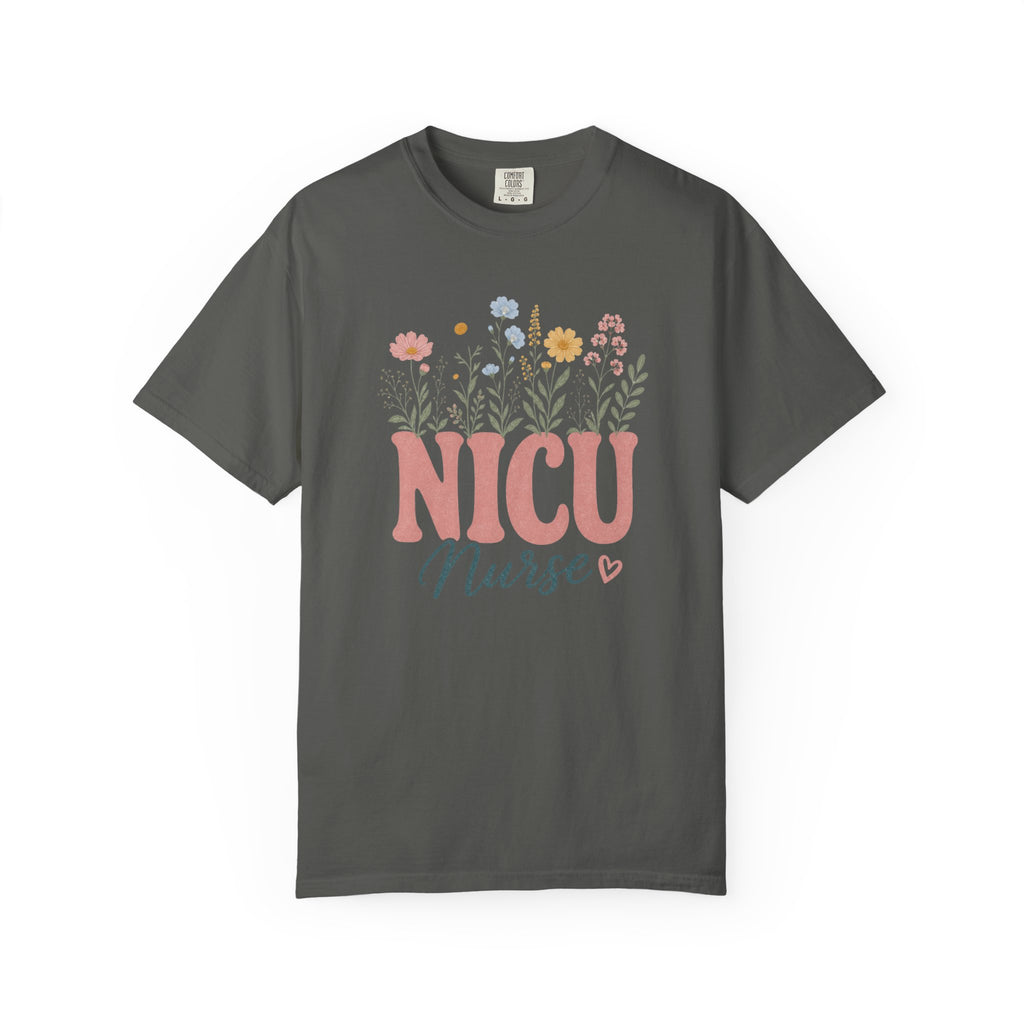 Pastel wildflower NICU Nurse Comfort Colors 1717 tee in Pepper
