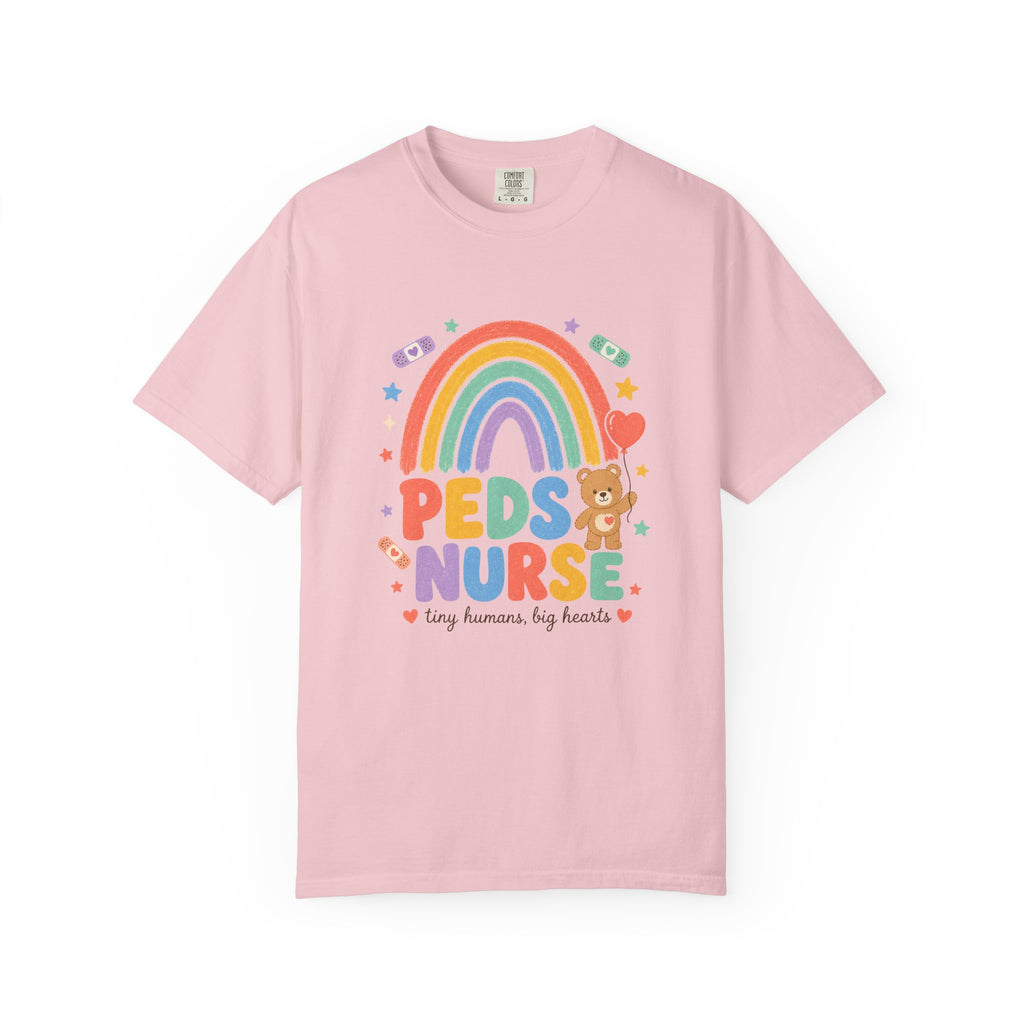 Peds Nurse Shirt, Tiny Humans Big Hearts Comfort Colors Tee in Blossom