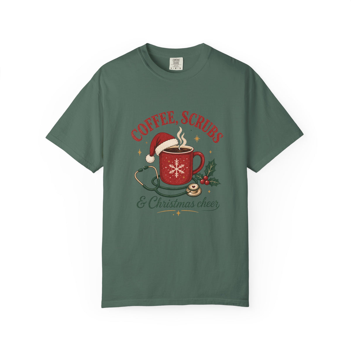 Coffee Scrubs and Christmas Cheer printed Comfort Colors 1717 tee in Blue Spruce
