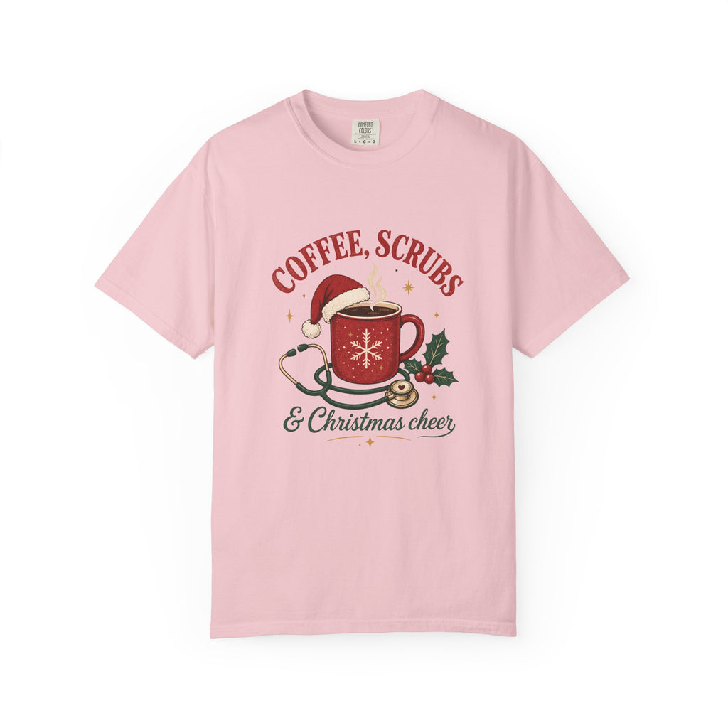 Coffee Scrubs and Christmas Cheer printed Comfort Colors 1717 tee in Blossom