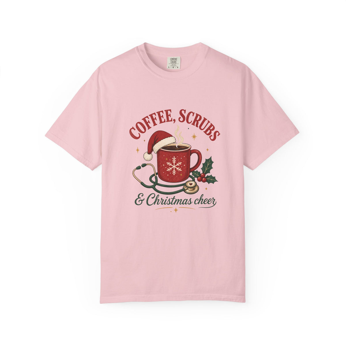Coffee Scrubs and Christmas Cheer printed Comfort Colors 1717 tee in Blossom