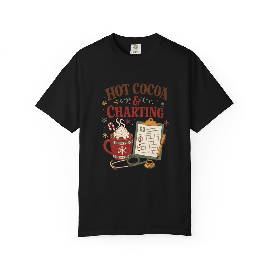 Hot Cocoa and Charting printed Comfort Colors 1717 Christmas tee in Black