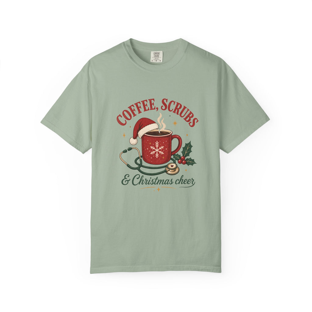 Coffee Scrubs and Christmas Cheer printed Comfort Colors 1717 tee in Bay