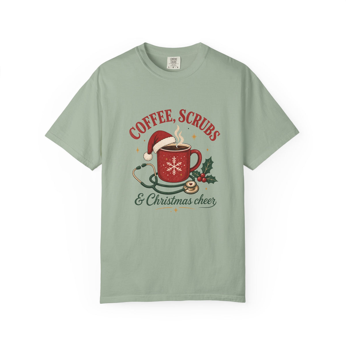 Coffee Scrubs and Christmas Cheer printed Comfort Colors 1717 tee in Bay