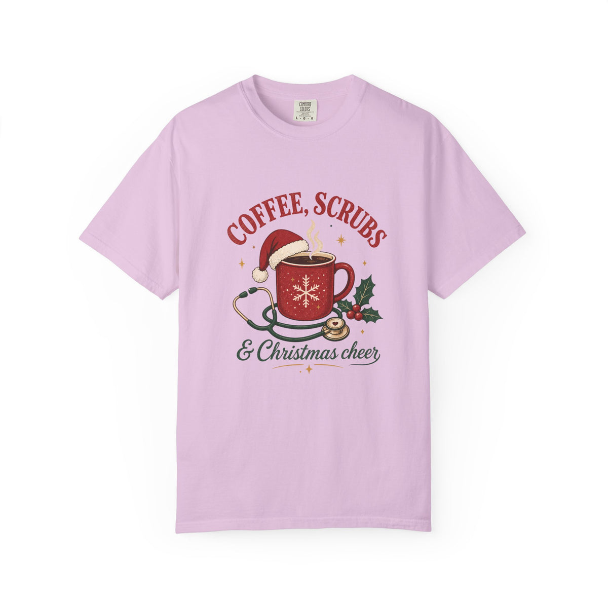 Coffee Scrubs and Christmas Cheer printed Comfort Colors 1717 tee in Orchid