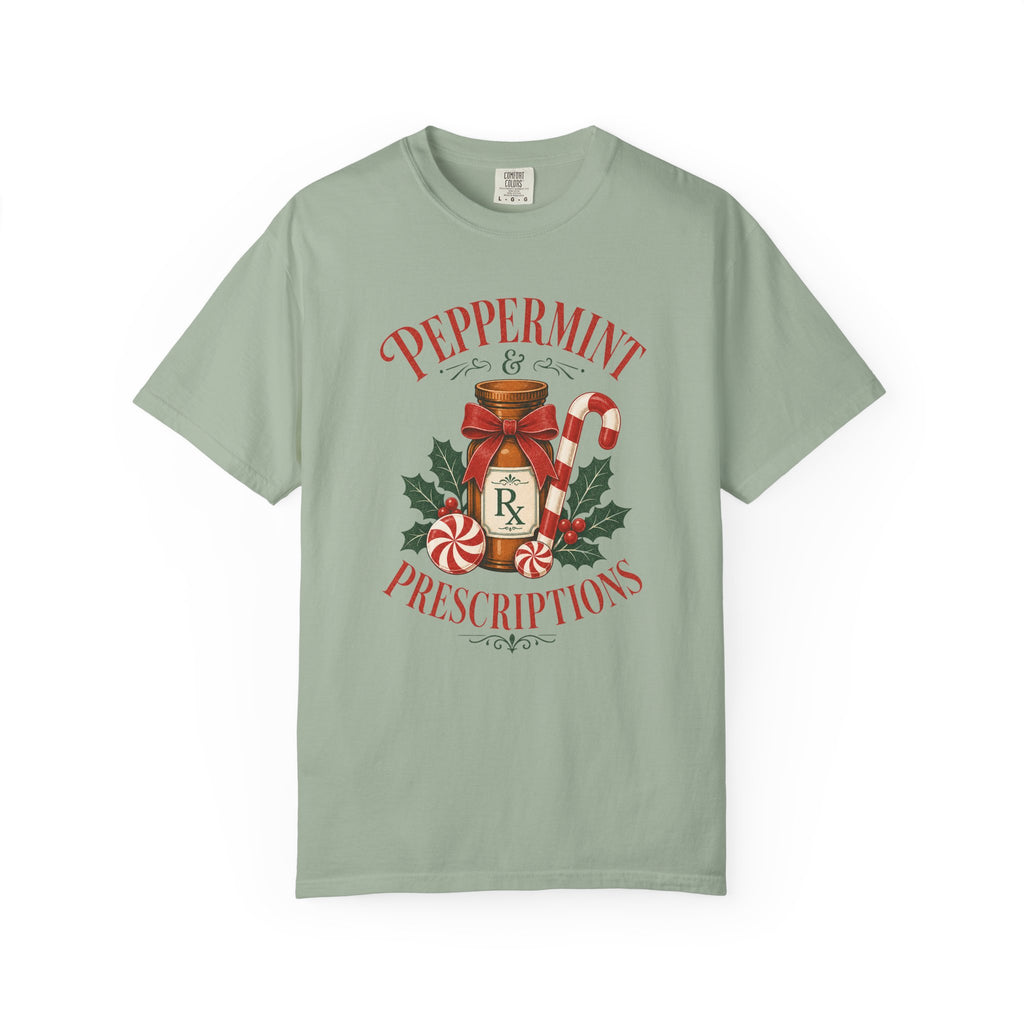 Peppermint and Prescriptions Rx bottle Christmas Comfort Colors 1717 tee in Bay