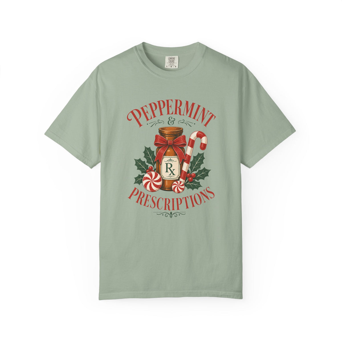 Peppermint and Prescriptions Rx bottle Christmas Comfort Colors 1717 tee in Bay