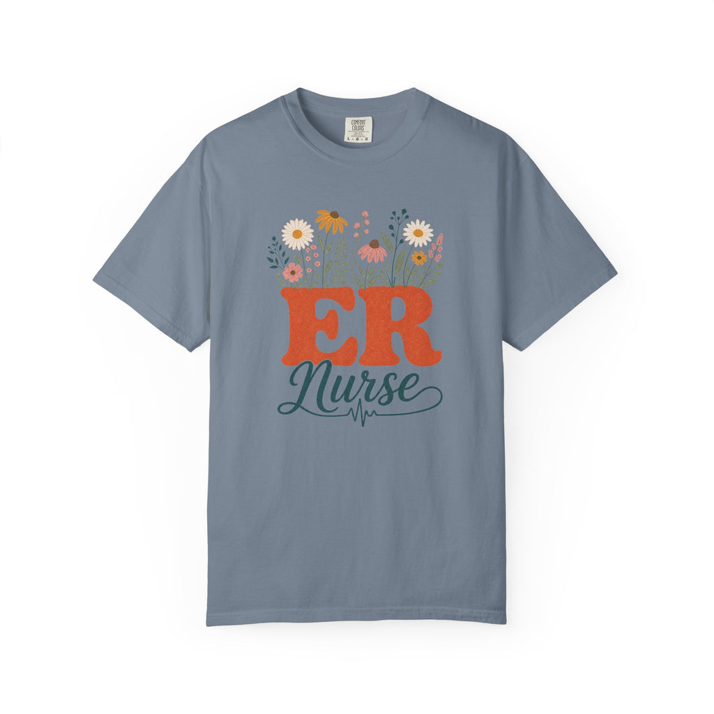 Wildflower ER Nurse Comfort Colors 1717 tee in Blue Jean