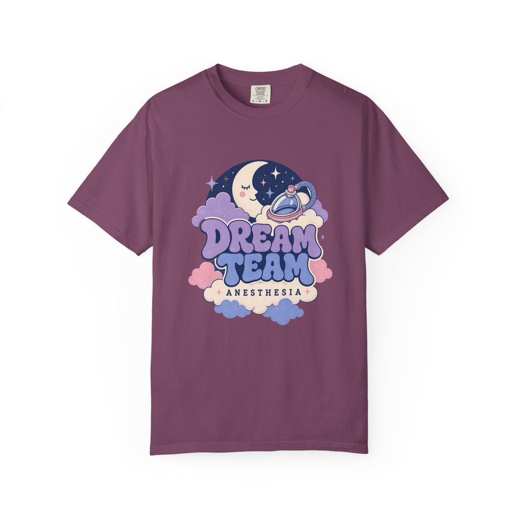 Dream Team Anesthesia moon, clouds and anesthesia mask Comfort Colors 1717 tee in Berry
